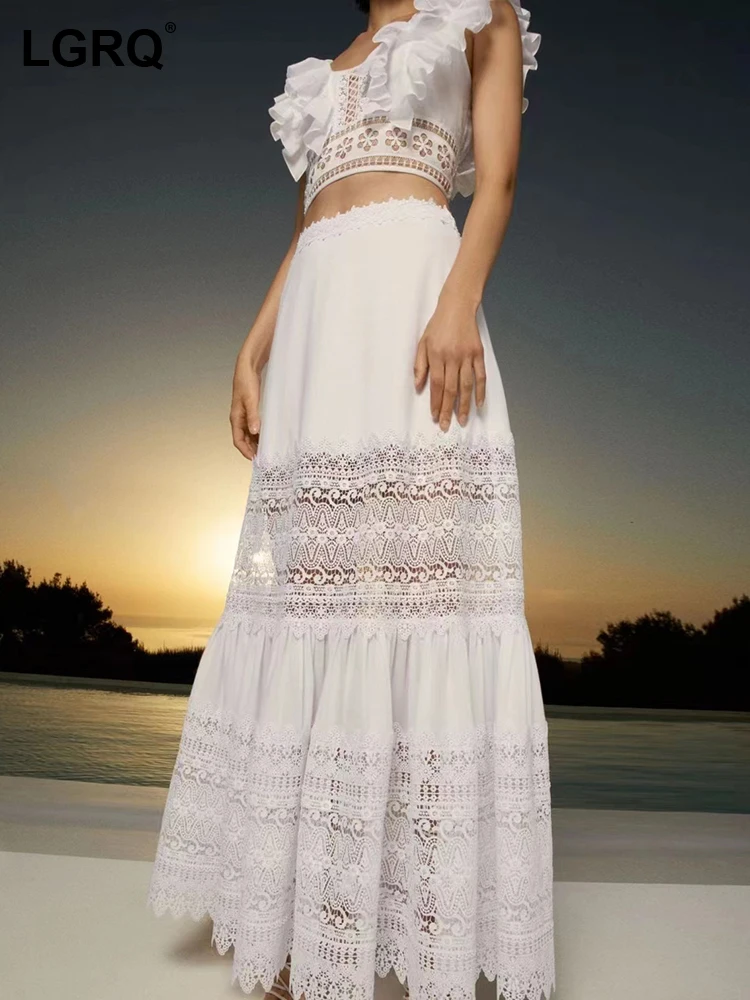 

Женский комплект из двух предметов LGRQ, топ без рукавов с круглым вырезом и оборками, облегающая юбка с высокой талией и вышивкой, 19J4397