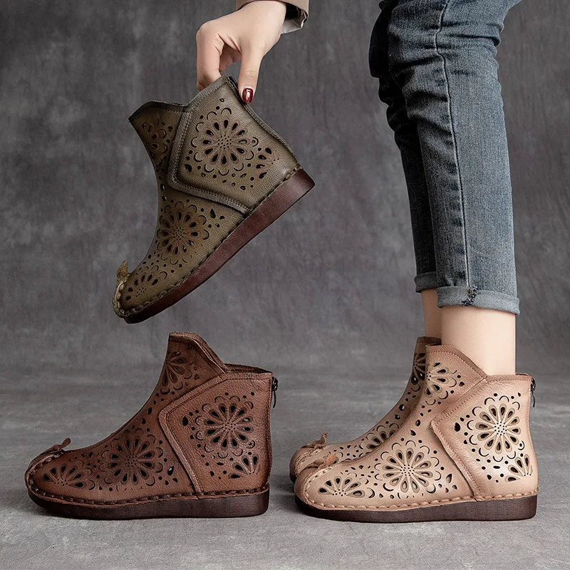 

Retro Shoes Women Sandals Genuine Leather Zip Hollow Handmade Leisure Concise Platform Sandalias