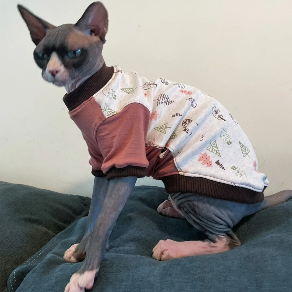 

Sphynix Cat Clothes Cartoon Cotton Coat for Hairless Cat soft Autumn Spring T-shirt for Devon Rex Leisure Homewear Pet Supplies