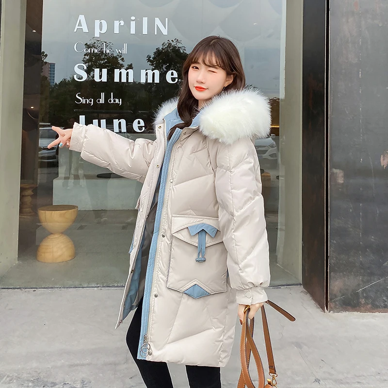Winter Long Fox Fur Collar Puffer Jacket for Women Korean Fashion Trend Teenage Clothing Office Ladies Warm Coat Chic Streetwear