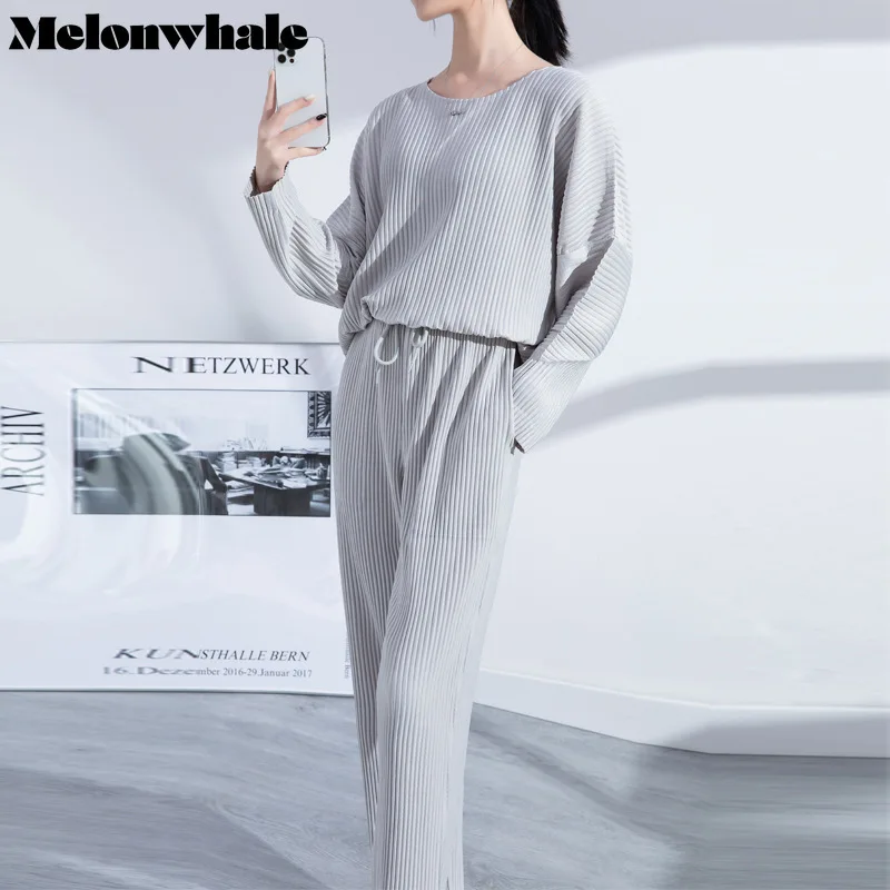 

MelonWhale Miyake Pleated Korean Casual Two Piece Set Solid Women's Straight Pants Long Sleeve Tops 2022 Spring Autumn Outfits