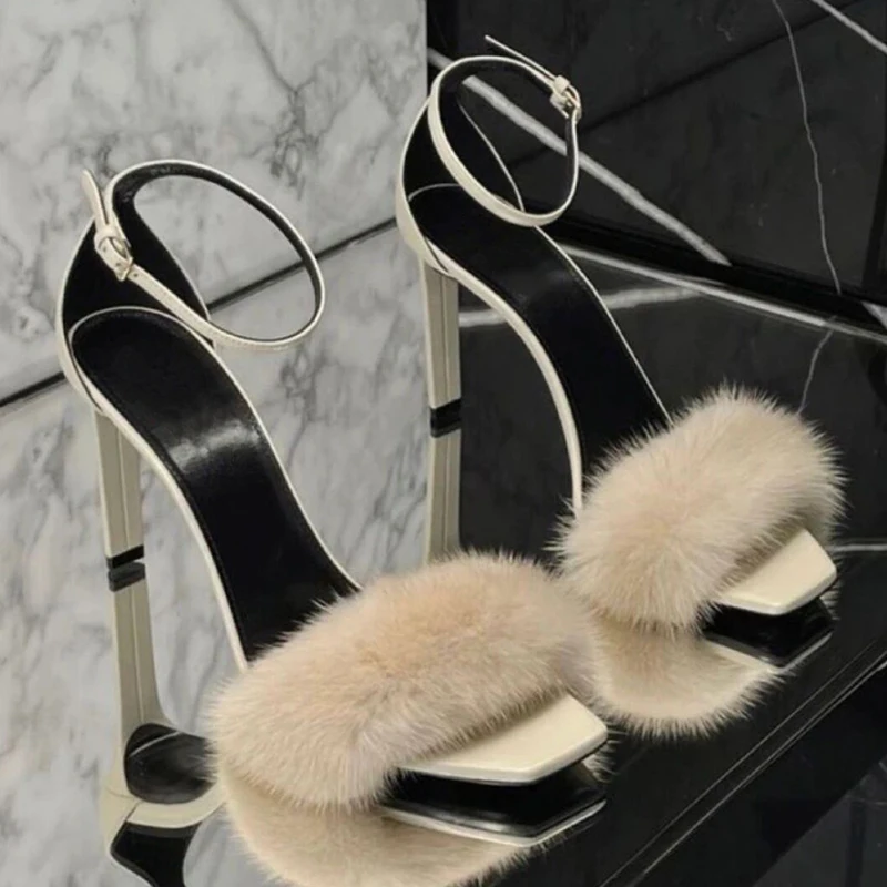 

Босоножки женские с меховой пряжкой, туфли на высоком каблуке-шпильке, с квадратным носком, пикантная обувь, летние