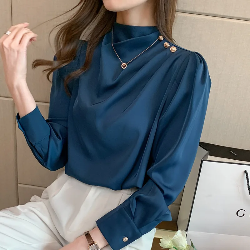 

Blue White Puff Sleeve Satin Blouse Women Spring Summer 2021 Stand Collar Button Office Lady Shirt Female New Arrival In Stock
