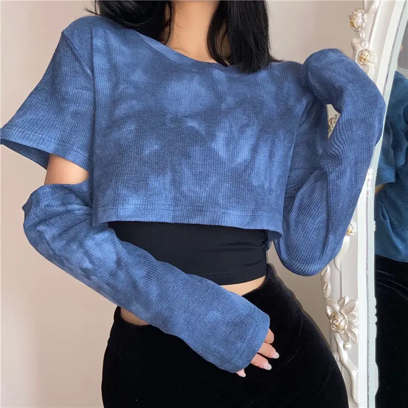 

Fashion New Tie-dye Y2k T-shirt Women Streetwear High Waist Hollow Long Sleeve Cropped Tops Woman Two Piece