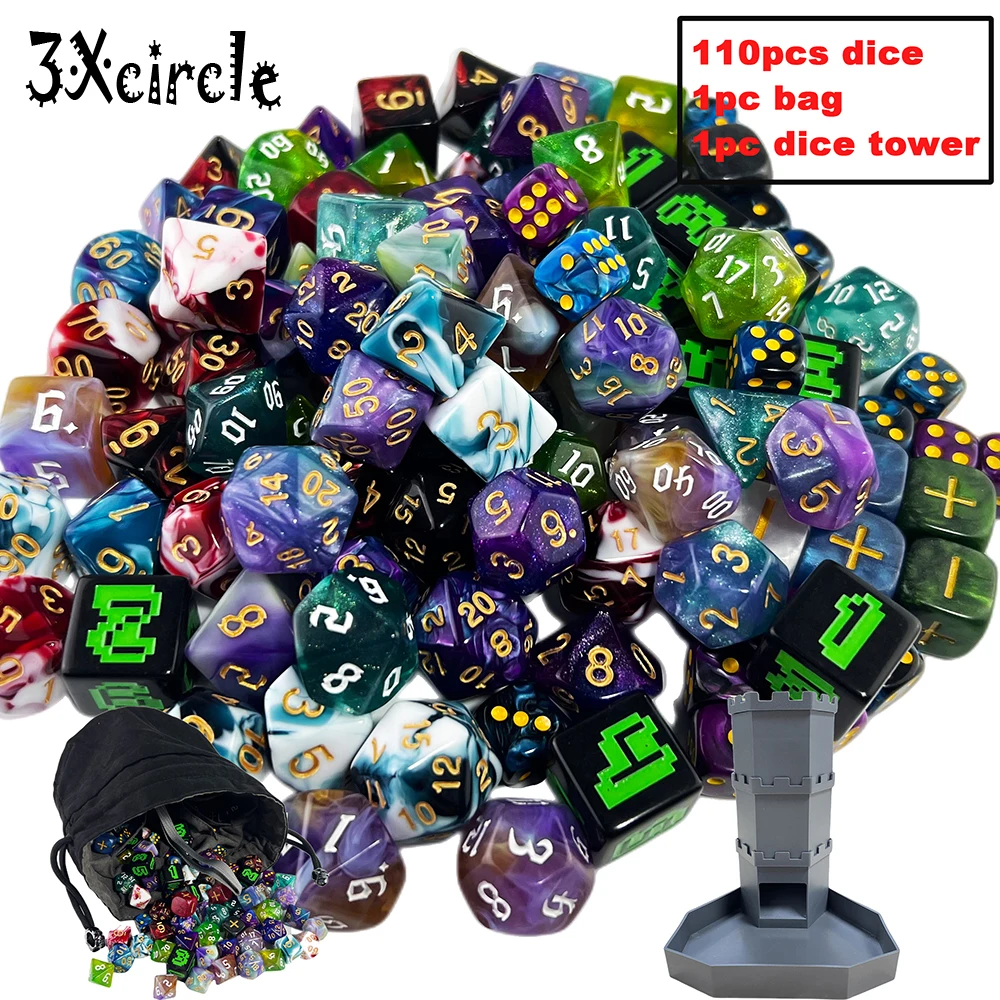 110Pcs Mix-color Polyhedral Dice Set, with Bag for DNDGame RPG Table Board Role Playing Game Entertainment Supplies Accessories