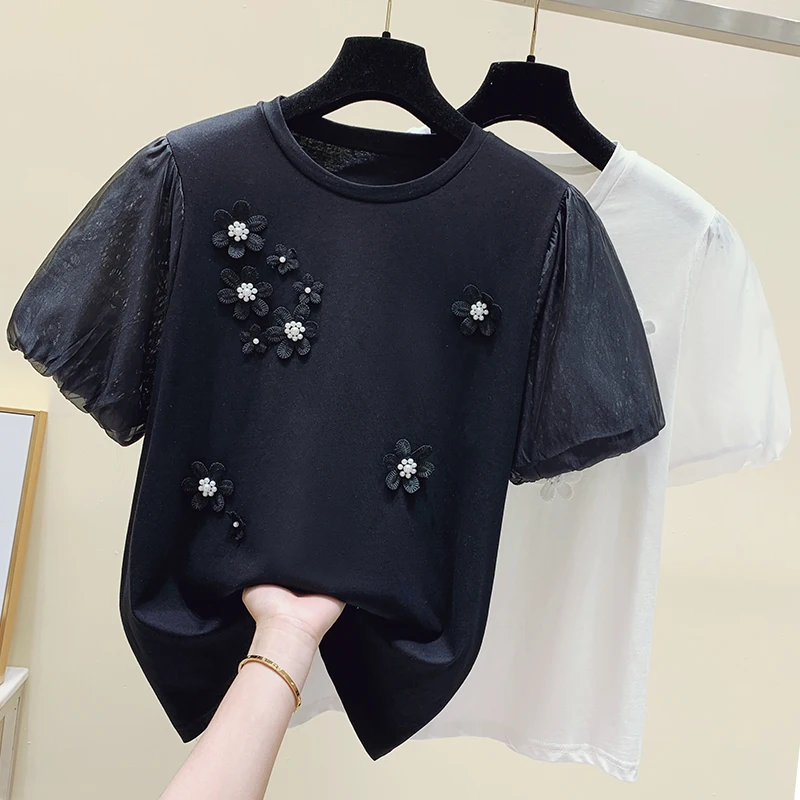 

Summer new design feeling hubble-bubble sleeve three-dimensional flowers short sleeve T-shirt female joker niche heavy coat