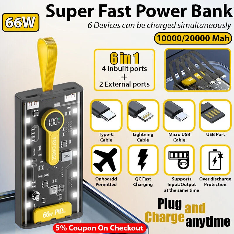 

10000/20000mAh 66W Super Fast Power Bank Transparent Machine A Power Bank PD20W Power Bank Portable Mobile Power Supply