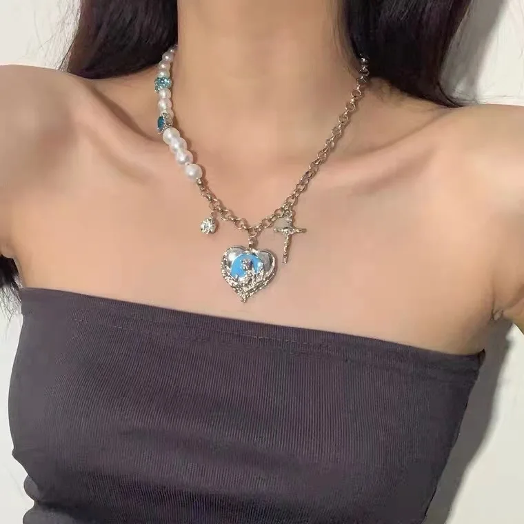 

Coconal Women Fashion Silver Color Blue Love Cross Pearl Necklace Titanium Steel Chain Party Jewelry Gifts Necklace