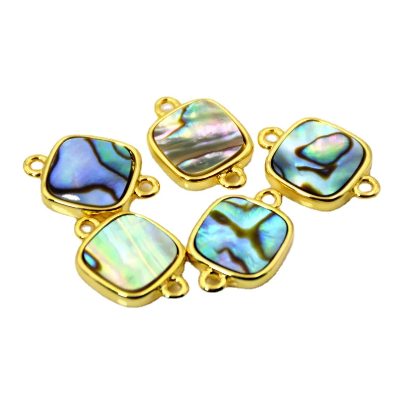 

Natural Abalone Shell Connector Square Gemstone Charms Rainbow Shell Jewelry Gold Bezel Findings Mother of Pearl Pendant