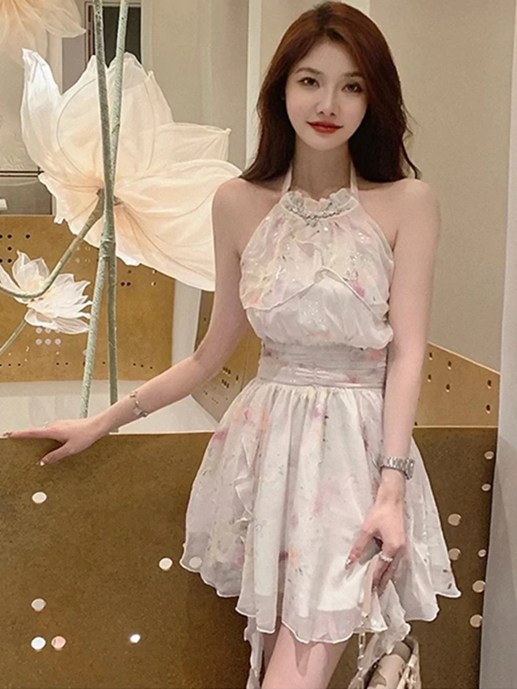 

Женское Элегантное летнее платье с лямкой на шее, вечерние на день рождения, мини-платье с оборками, женское праздничное платье с высокой талией, пикантная одежда с открытой спиной