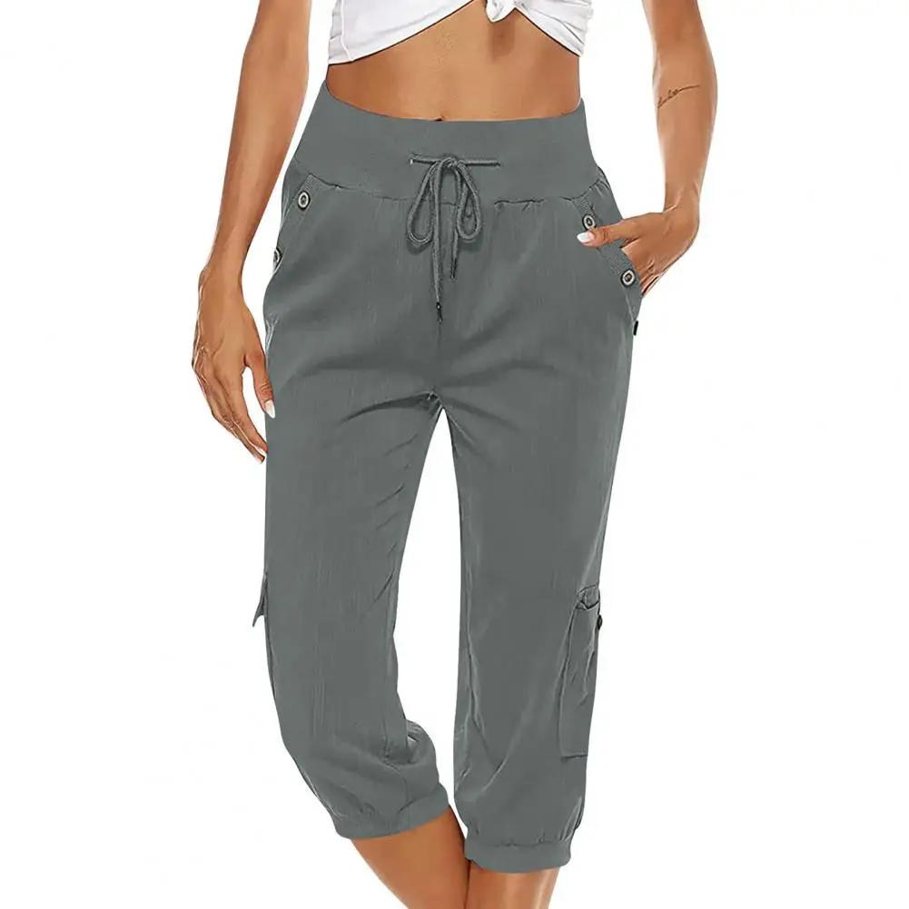 

Женские укороченные брюки, однотонные свободные укороченные брюки до середины икры с эластичным поясом и несколькими карманами и завышенной талией