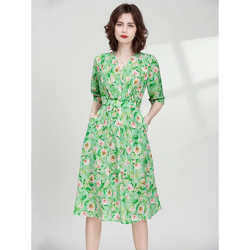 2023 Summer New Mulberry Silk Dress with Loose Waist Strap and High-end Large Printed Mulberry Silk Dress summer 23E046