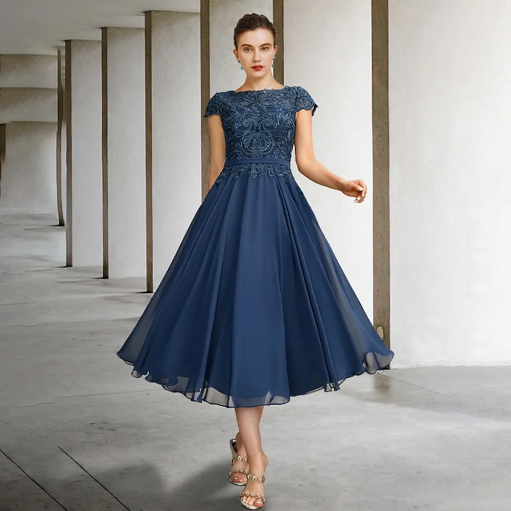 

Платье Weilinsha для матери невесты, темно-синее шифоновое ТРАПЕЦИЕВИДНОЕ платье для матери жениха, платье для гостей свадьбы, длиной ниже колен...