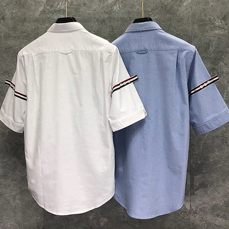 TB THOM Men's Shirt Solid Fashion Top Brand Striped Sleeves Slim Casual Oxford Fine Cotton High Quality Summer Cool Short Shirts