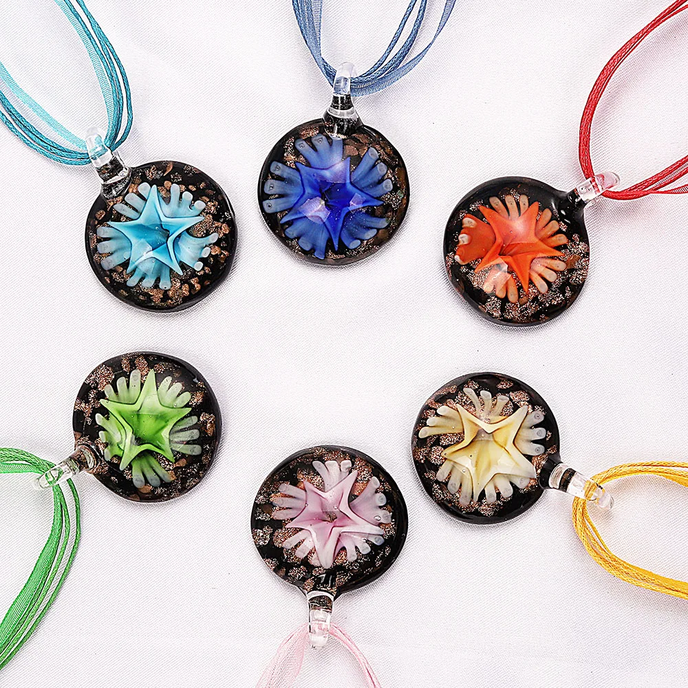 

Fashion Wholesale Lots 6Pcs Handmade Murano Lampwork Glass Mixed Color Inside Flower Pendants Silk Cords Necklace New Arrival