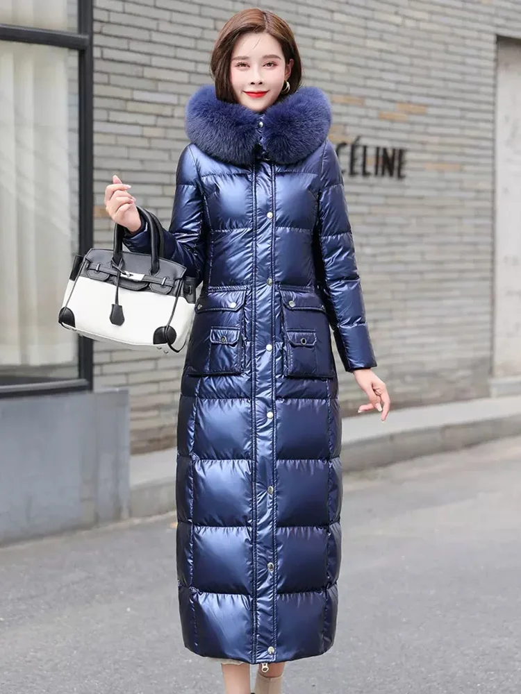 New Women Wash Free Glossy Surface Down Coat Ankle-Length Fashion Detachable Real Fox Fur Collar Thicken Warm Long Down Jacket