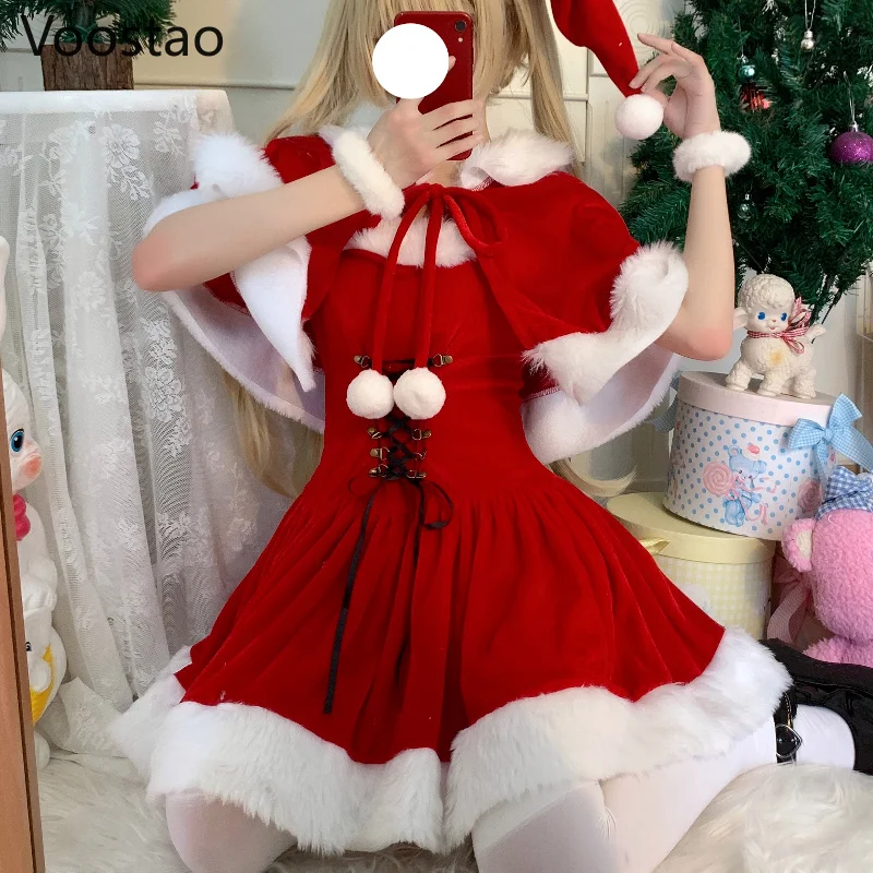 

Autumn Winter Cute Christmas Red Shawl Dress Women Sweet Plush Patchwork Drawstring Party Mini Dress Female Kawaii Cloak Vestido