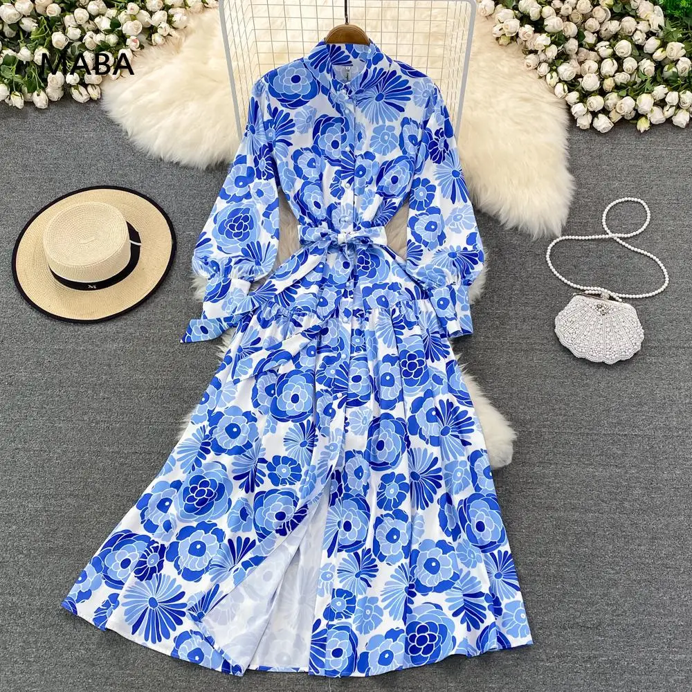 

Fashion Designer Blue Vintage Dress Women Spring Autumn Stand Collar Lantern Sleeve Elegant Floral Formal Bandage Long Dresses