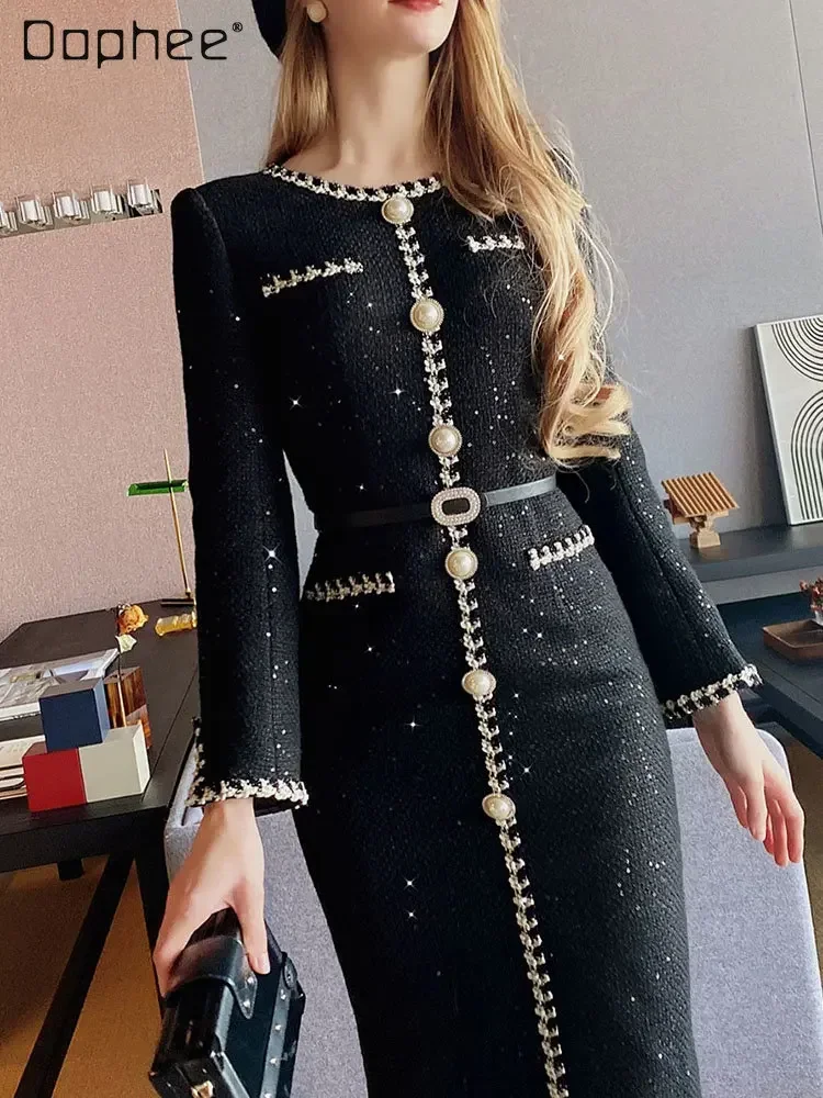 

Classic French Slim Black Sequined Tweed Mid-length Dress for Women Elegant Commuter Spring Mid Dresses for Women 2023 New Robe