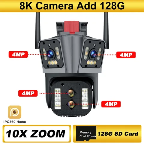 16MP 8K IP-камера на улице, 4K PTZ-камера, камера безопасности, 10X Zoom, WiFi камера наблюдения, три экрана, четыре объектива, мини, CCTV, купол, AI слежение, P2P