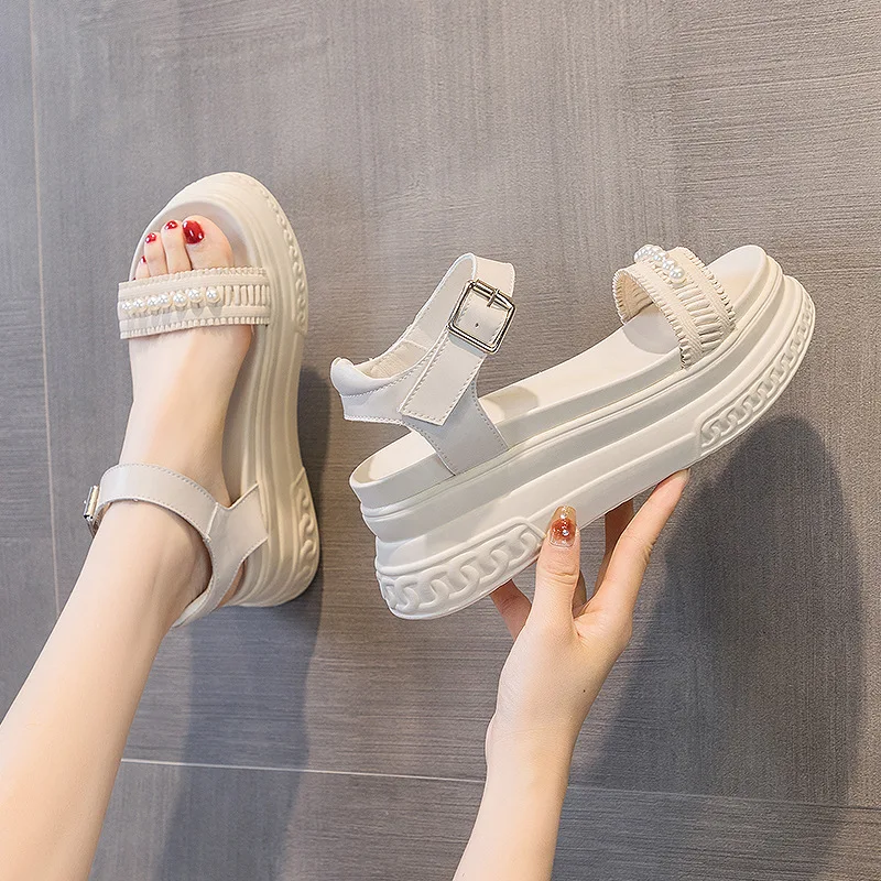 Pearls Deco 7cm Platform Design  Women Wedge Sandals Genuine Leather Buckle Women Breathable Slippers Summer Ladies Chunky Shoes