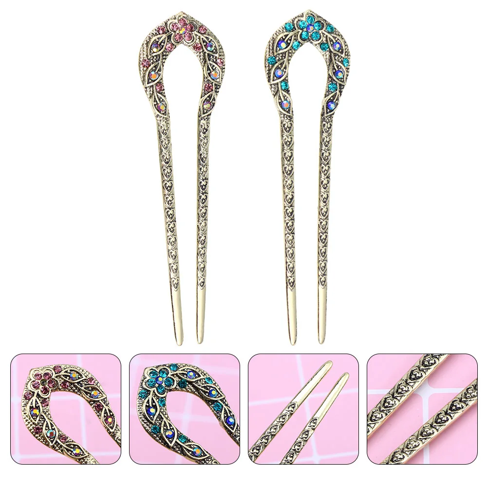 

Rhinestone Updo Hairpin Vintage Dovetail Clip Stick Double Prong Chopsticks U-shape Clips Girls