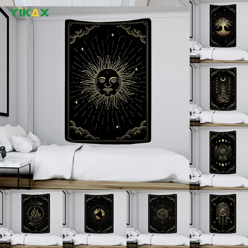 

Tapestry Black Sun And Moon Tarot Card Wall Hanging Aesthetic Psychedelic Hippie Bohemian Divination Dormitory House Decoration