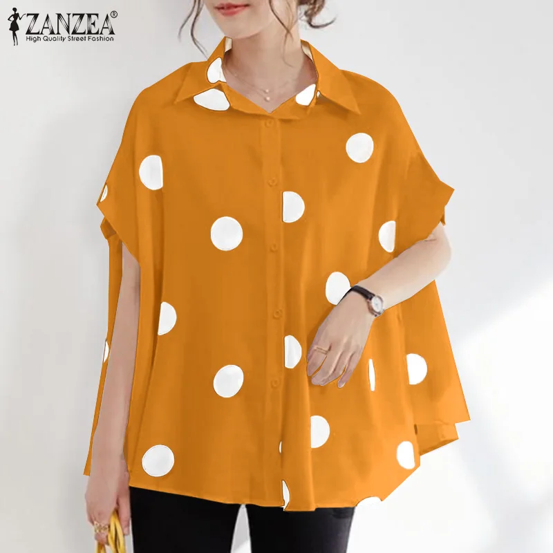 Oversized ZANZEA Women Short Sleeve Polka Dot Printed Shirt Summer Vintage Beach Blouse 2022 Casaul Lapel Neck Button Blusas Top