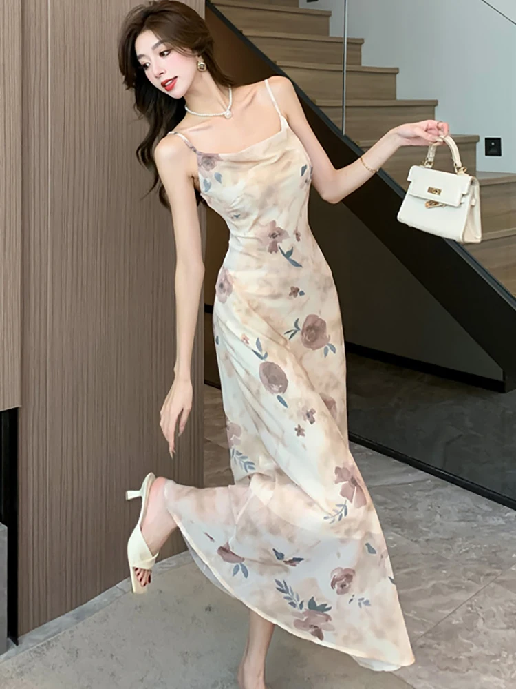 Женское шифоновое платье на бретельках повседневное элегантное длинное