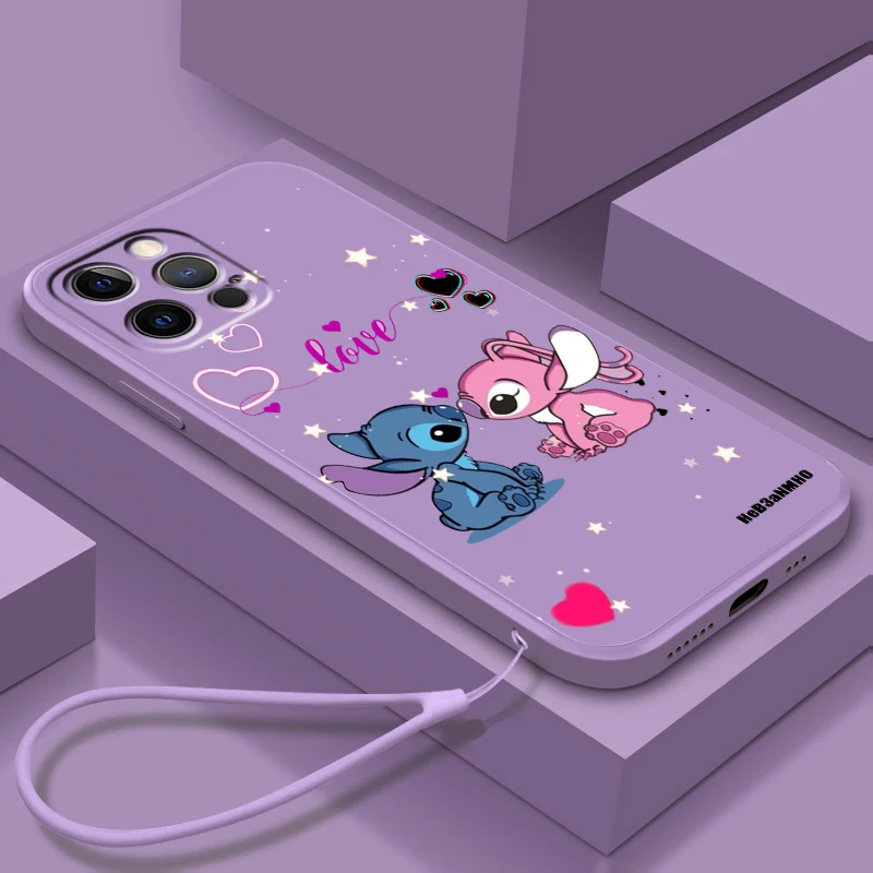 

Disney Cute Stitch Cool Love Liquid Rope Phone Case For Apple IPhone 14 13 12 Mini 11 Pro XS MAX XR X 8 7 Plus SE Soft Cover