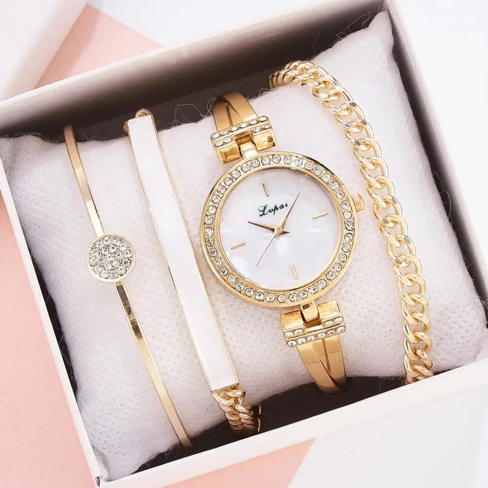 Fashion 4pcs Set Women Watches Luxury Buckle Flower Rhinestone Watch Ladies Quartz Wrist Watch Bracelet Set Reloj Mujer