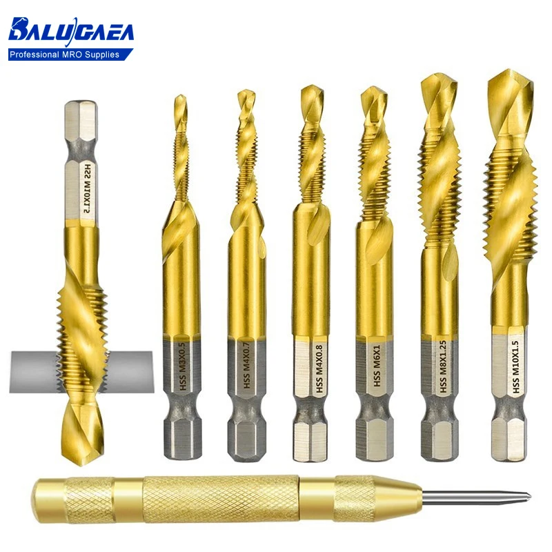 

7pcs Titanium Coated HSS Thread Metric Tap Drill Bits 1/4" Hex Shank M3 M4 M5 M6 M8 M10 M12 Screw Machine Professional Hand Tool