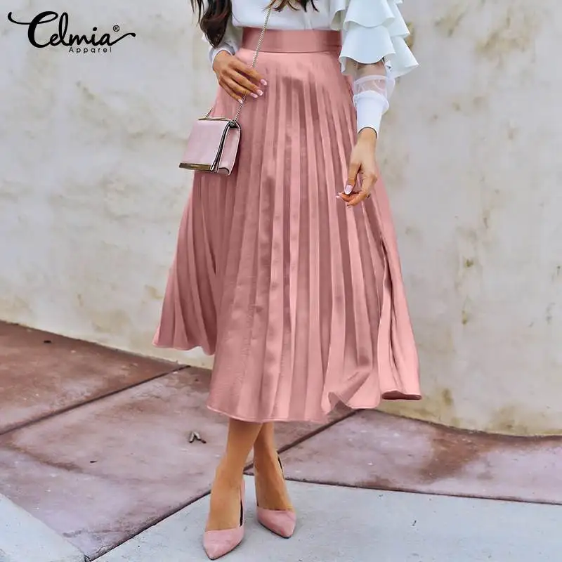 

Summer Casual A-line Swing Jupes Celmia Fashion Women Satin Skirts 2022 Spring Elegant High Waist Pleated Streetwear Midi Skirt