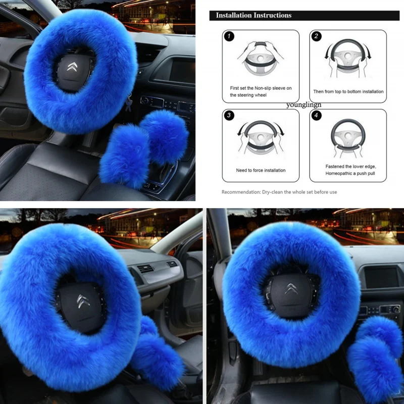 

3Pcs Winter Warm Fur Wool Fluffy Thick Car Truck Steering Wheel Cover Gem Blue