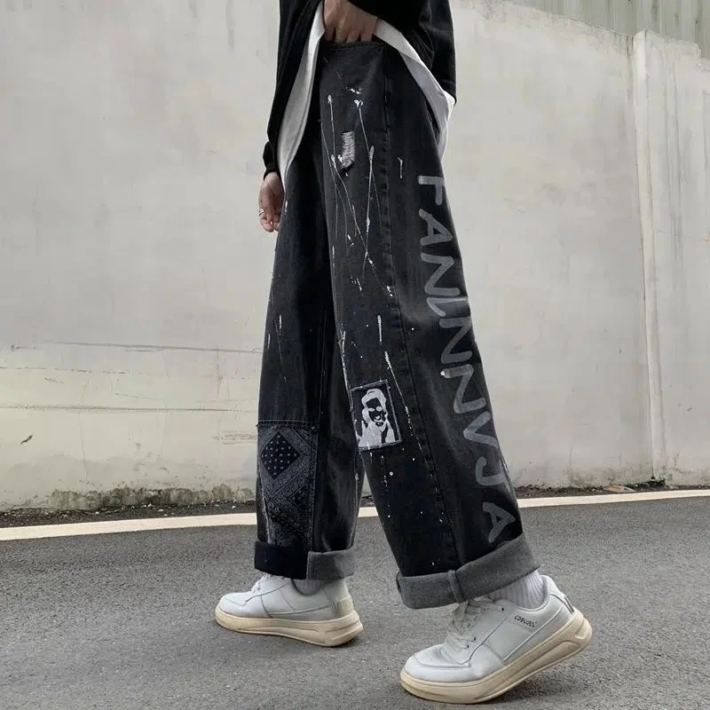 American Street Clothing Retro Trend Pocket Jeans Female Letter Star Print High Waist Casual Oversized Straight Pants Unisex