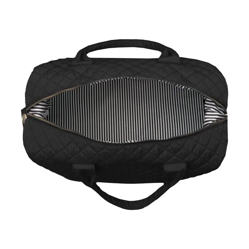 Black Nylon Checkered Pattern Travel Duffle Tote Bag for Women