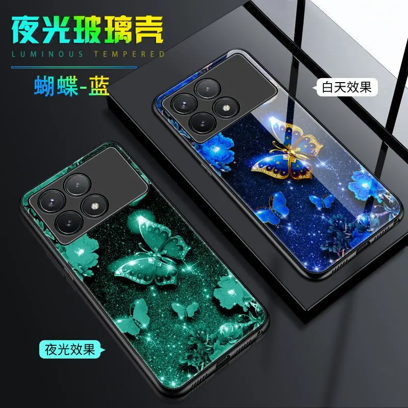 Светящийся чехол из закаленного стекла для телефона Xiaomi Poco F6 Pro с бабочкой темная