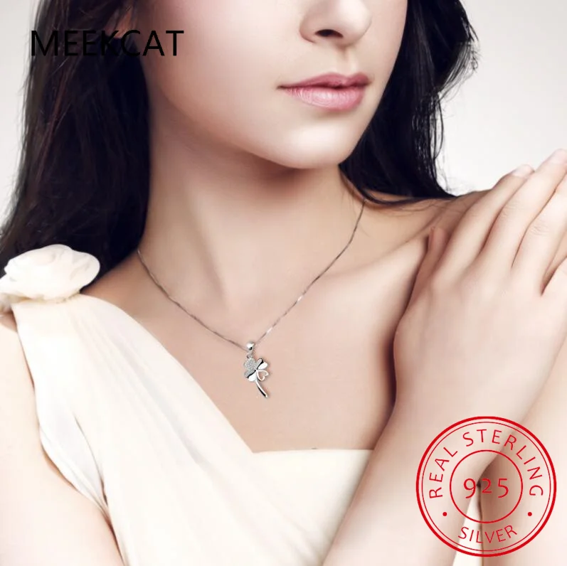 Настоящее серебро 925 пробы модное милое четырехлистное клеверное ожерелье с