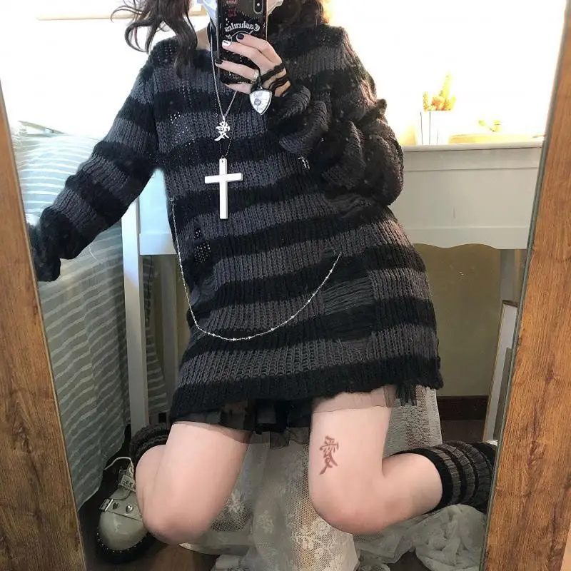 

Deeptown Goth Punk Striped Ripped Sweater Women Grunge Y2k Knitted Jumper Gothic Oversized Streetwear Gyaru Distressed Knitwear