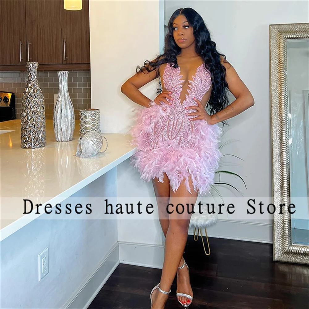 

Pink Sheer Neck Mini Mermaid Cocktail Dresses Birthday Dress For women Luxury 2023 Black Girl Feather Beaded Short Prom Dress