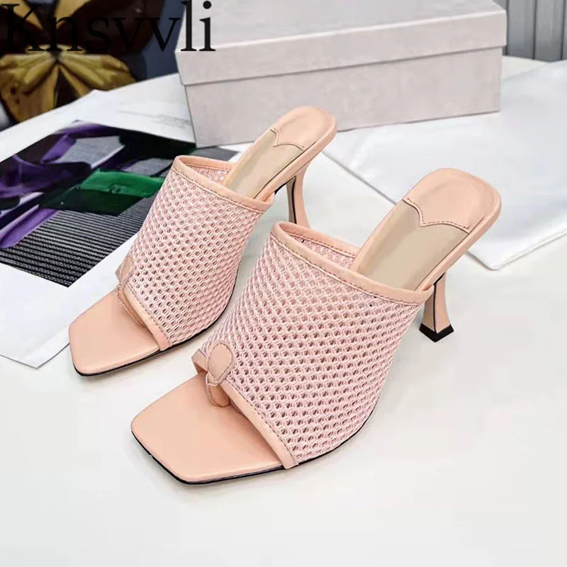 

Sexy High Heels Shoes Women Genuine Leather Mesh Ventilate Thin Heels Sandals Square Toe Peel Toe Pumps Runway Sandals Women
