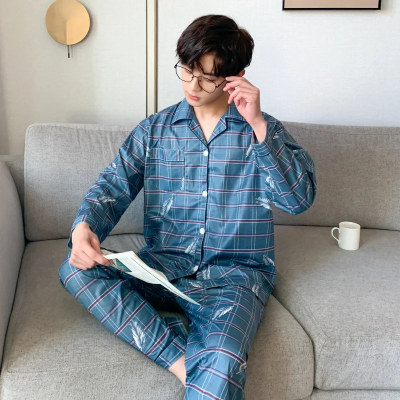 2022 New Men's Pajamas Spring and Autumn Long-sleeved Trousers Cardigan Pajamas Thin Cotton Spring and Summer Homewear Suit