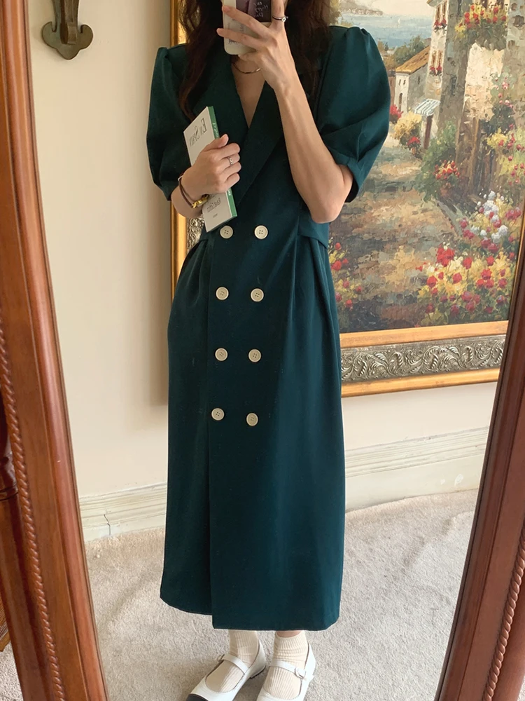 

Women 2022 Spring Korean Chic French Temperament Lapel Double-breasted Lace-up Long Puff Sleeve Suit Dress Vestidos Female D0930
