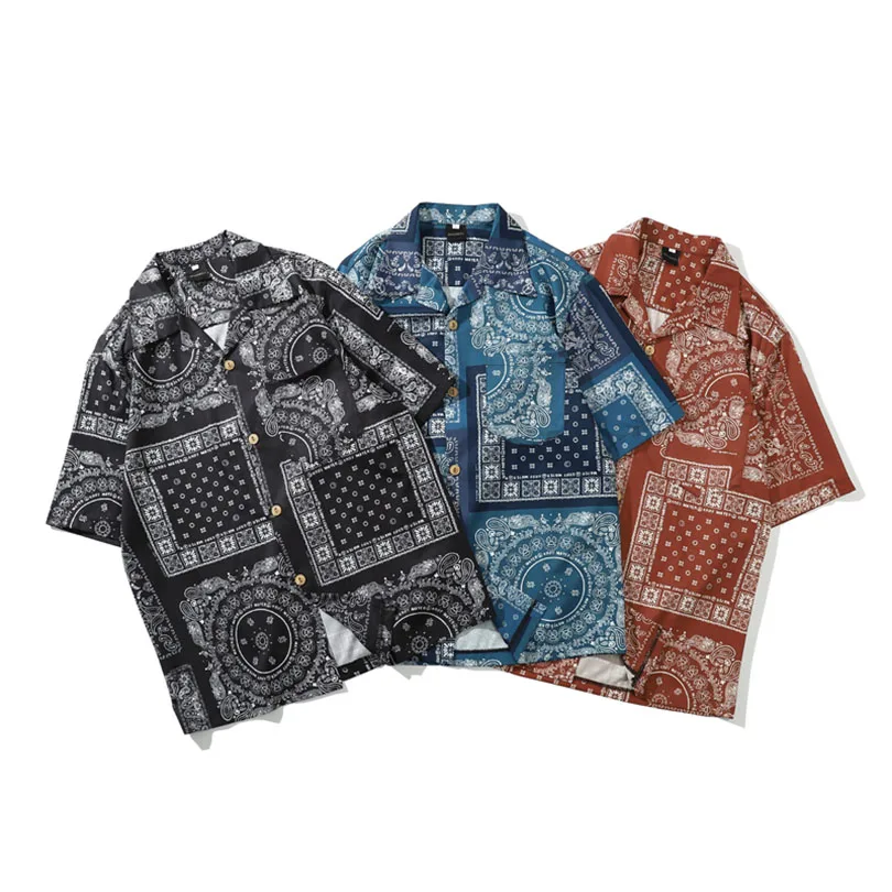 

Bandana Shirt Men Streetwear Shirt Paisley Shirts Hip Hop Casual Short Sleeve Shirt Beach Male Clothing Harajuku 2022 Summer