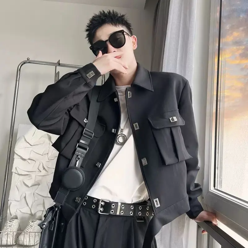 

Street Jacket Men's Autumn New Multi Handsome Work Clothes Pilot Lapel Mens Clothing Coat Hiphop Strange Things Button Black