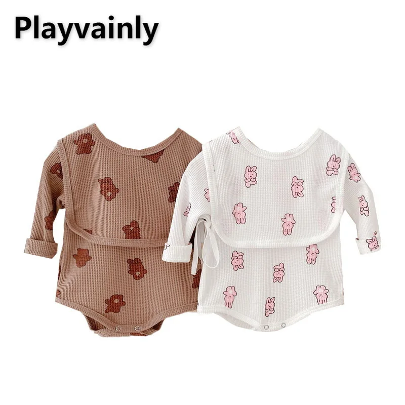 

2022 New Spring Baby Girl Boy 3pcs Sets Long Sleeves White Coffee Round Collar Bodysuit+Cartoon Bear Bibs+Cap Infant Suit E564