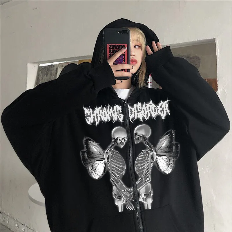 

Zip Up Hoodie Jacke Y2k Frau Sweatshirt Skeleton Mit Zippermit Kapuze Long Sleeves Femal Pullover Gothic Kleidung Harajuku Top