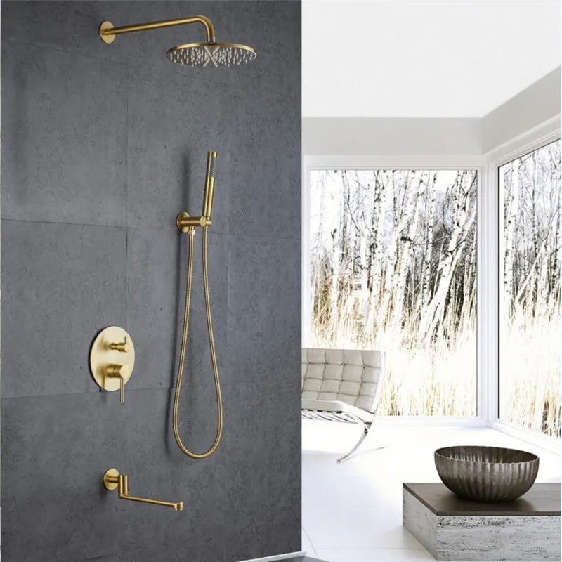 

Bathroom Shower Set Brushed Gold Round Rainfall Shower Faucet Wall or Ceiling Wall Mounted Shower Mixer 10" Shower Head