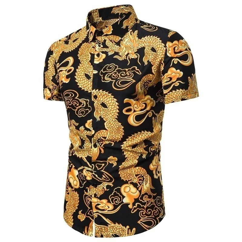 Men's Vintage Dragon Print Lapel Short Sleeve Shirt