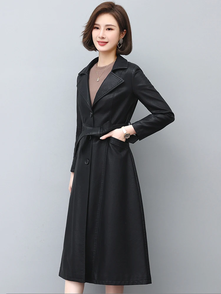 New Women Leather Trench Coat Spring Autumn Fashion Classic Suit Collar Long Sheepskin Outerwear Slim Split Leather Tops Coat